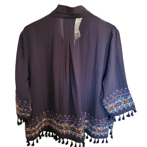 John Mark Blouse Tunic Navy Blue PXL Boho Artsy Embroidered Tassel Wire Collar - Picture 5 of 6
